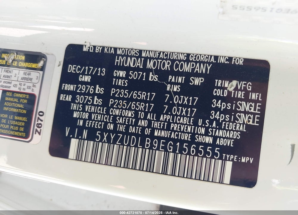 2014 HYUNDAI SANTA FE SPORT 2.4L VIN: 5XYZUDLB9EG156555