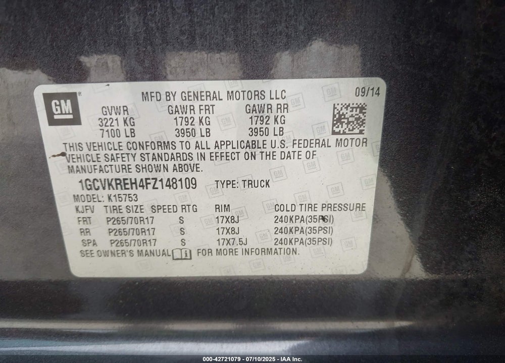 2015 CHEVROLET SILVERADO 1500 VIN: 1GCVKREH4FZ148109