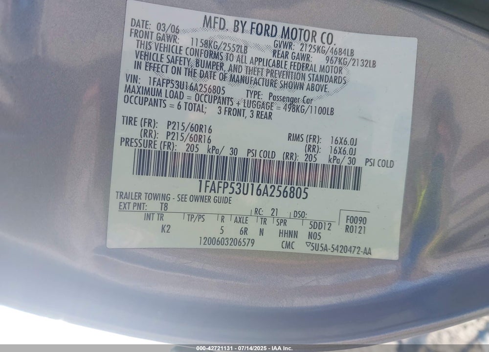 2006 FORD TAURUS SE VIN: 1FAFP53U16A256805