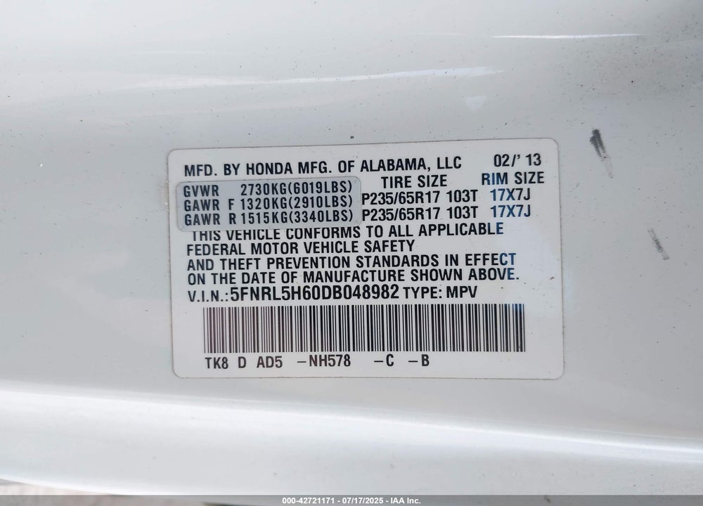 2013 HONDA ODYSSEY EX-L VIN: 5FNRL5H60DB048982