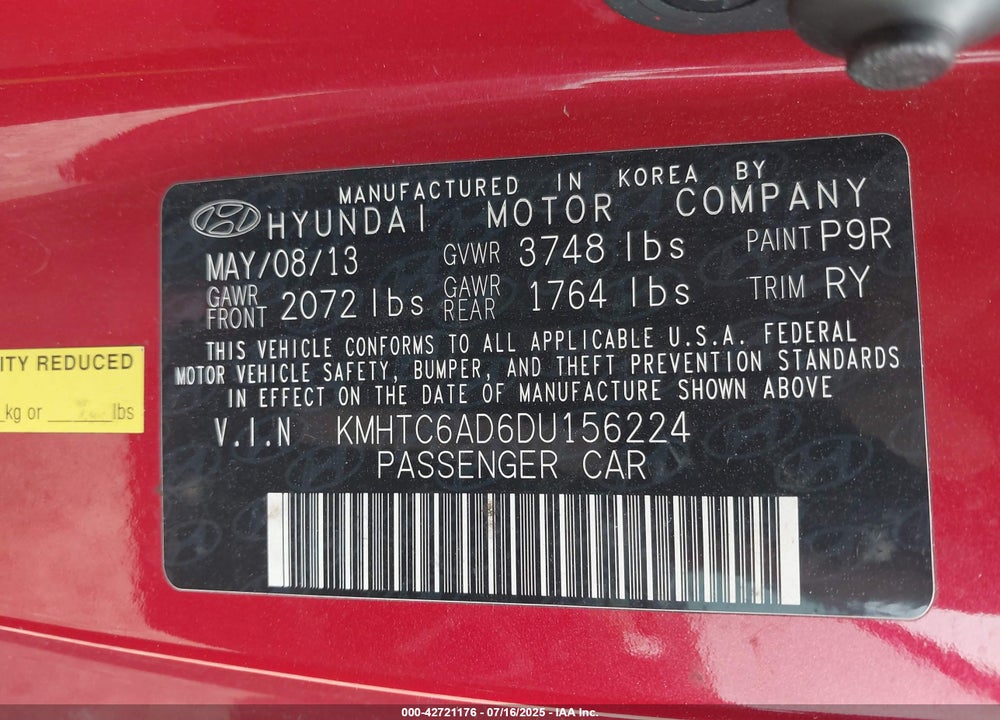 2013 HYUNDAI VELOSTER VIN: KMHTC6AD6DU156224