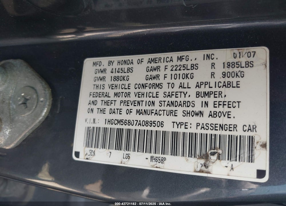 2007 HONDA ACCORD 2.4 EX VIN: 1HGCM56807A089506