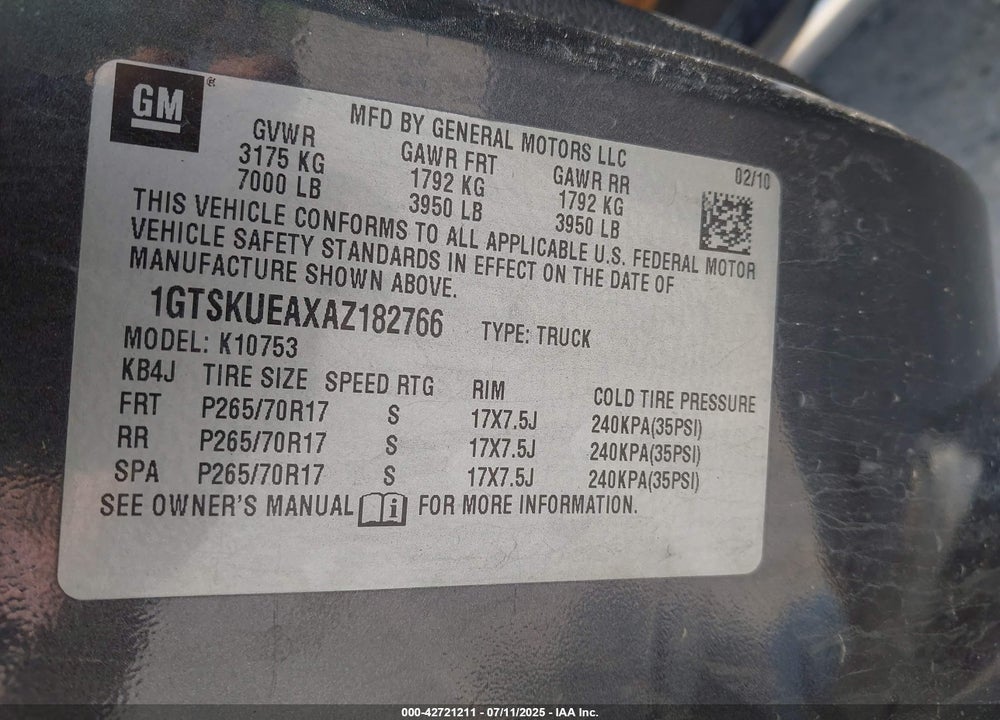 2010 GMC SIERRA 1500 VIN: 1GTSKUEAXAZ182766