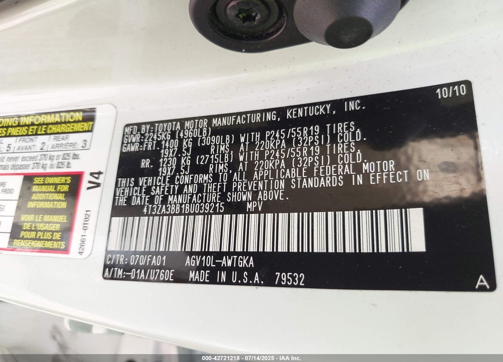 2011 TOYOTA VENZA VIN: 4T3ZA3BB1BU039215