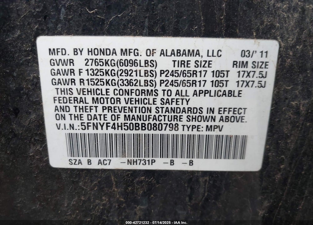 2011 HONDA PILOT VIN: 5FNYF4H50BB080798