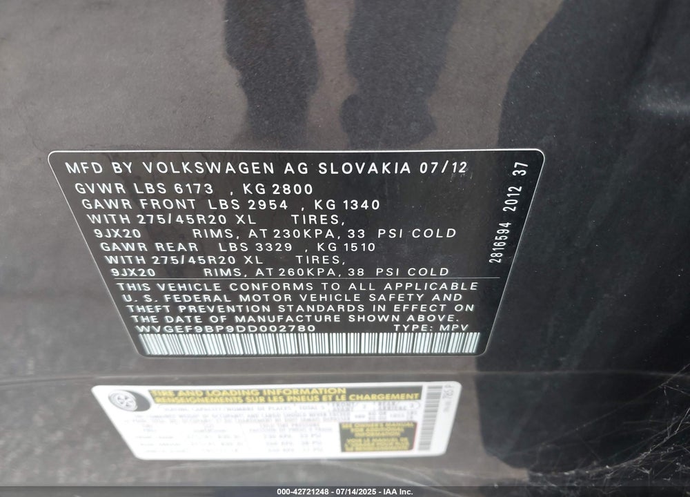 2013 VOLKSWAGEN TOUAREG VR6 EXECUTIVE VIN: WVGEF9BP9DD002780