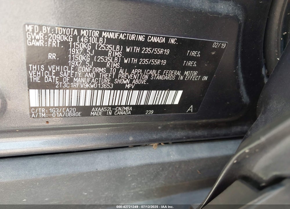 2019 TOYOTA RAV4 VIN: 2T3C1RFV9KW013653