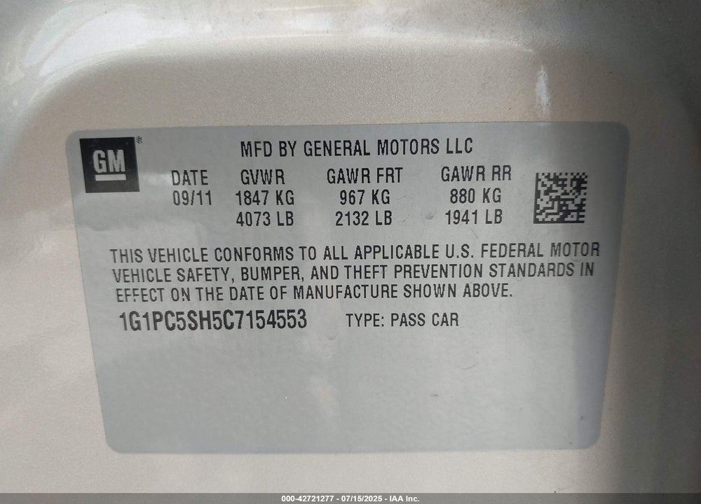 2012 CHEVROLET CRUZE VIN: 1G1PC5SH5C7154553