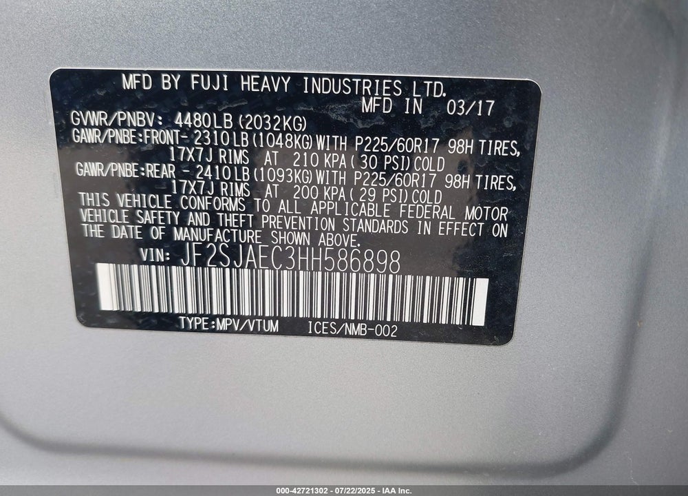 2017 SUBARU FORESTER VIN: JF2SJAEC3HH586898