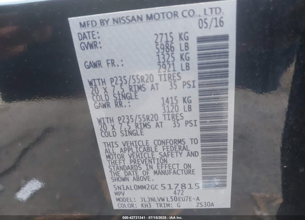 2016 INFINITI QX60 VIN: 5N1AL0MM2GC517815