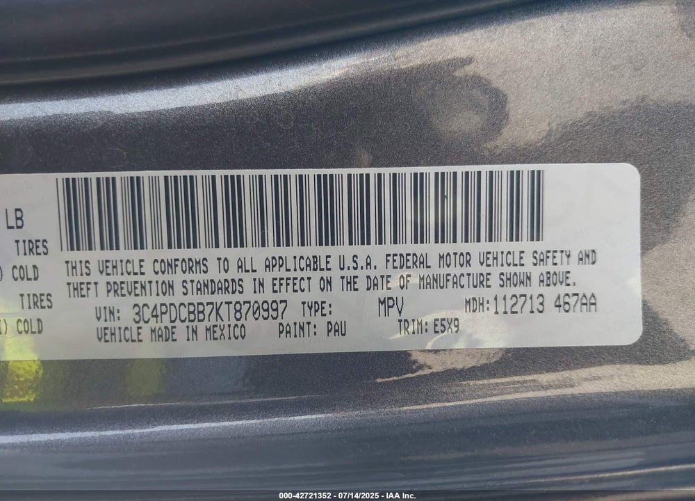 2019 DODGE JOURNEY VIN: 3C4PDCBB7KT870997