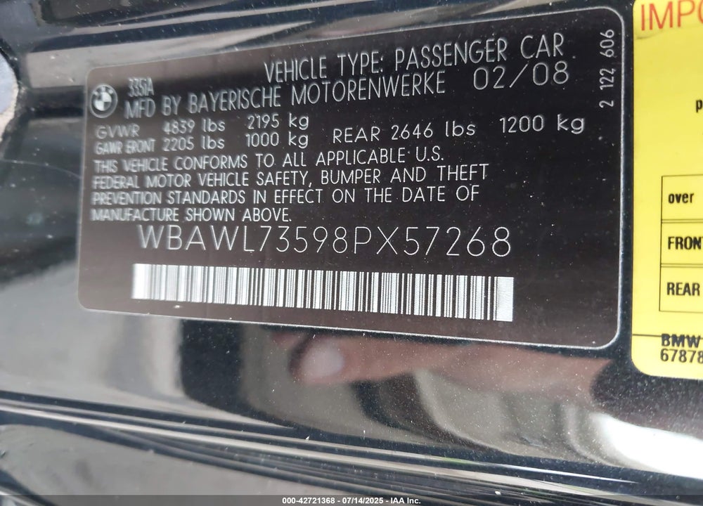 2008 BMW 3 SERIES VIN: WBAWL73598PX57268