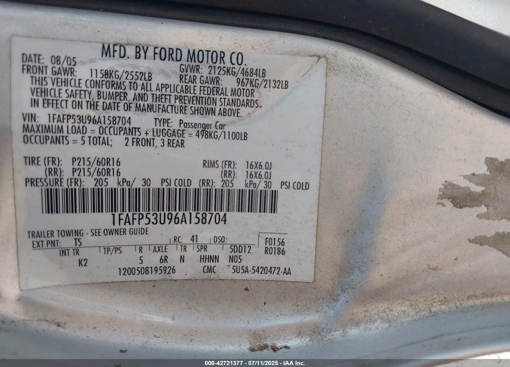 2006 FORD TAURUS SE VIN: 1FAFP53U96A158704