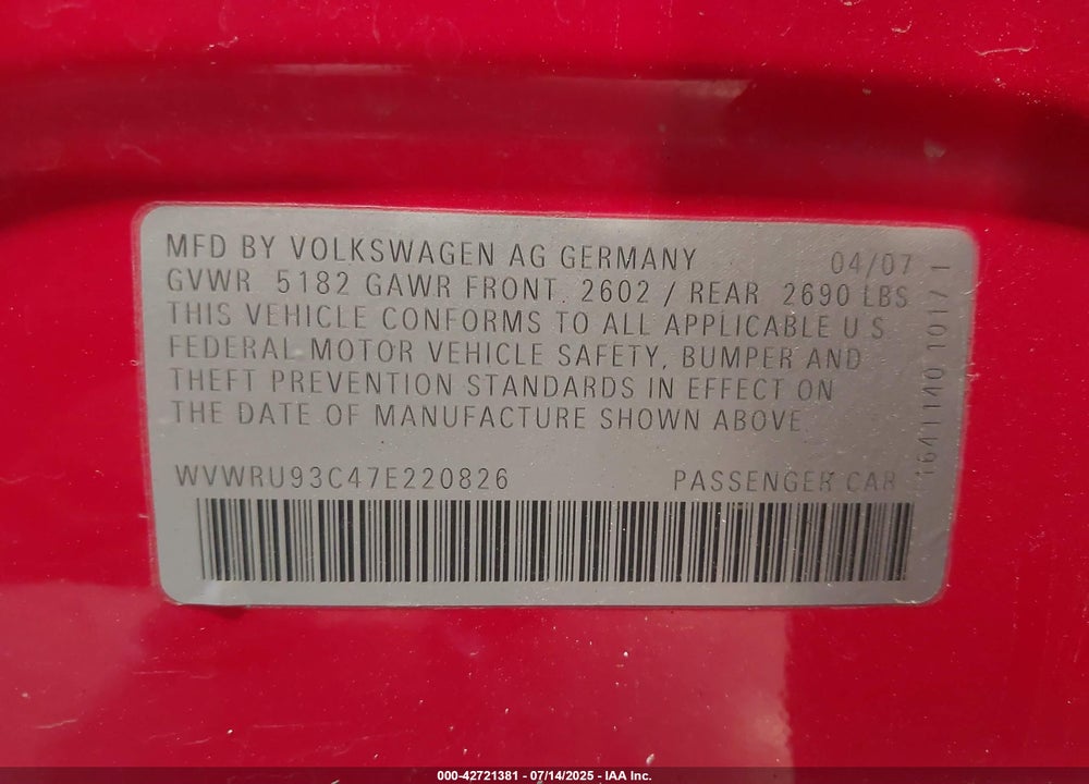 2007 VOLKSWAGEN PASSAT VIN: WVWRU93C47E220826