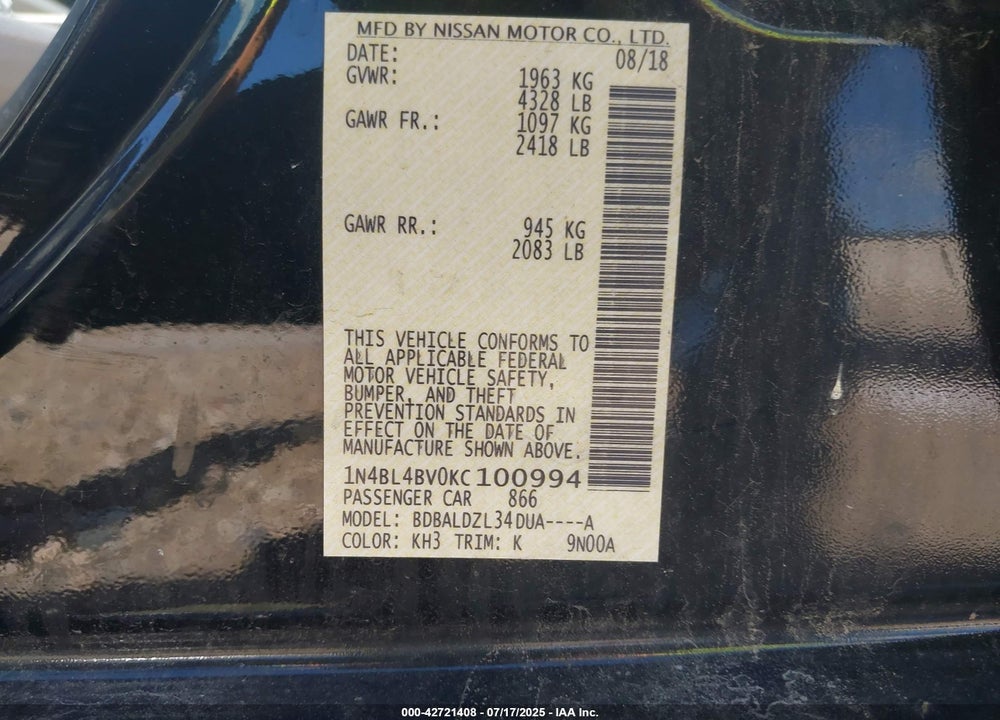 2019 NISSAN ALTIMA VIN: 1N4BL4BV0KC100994