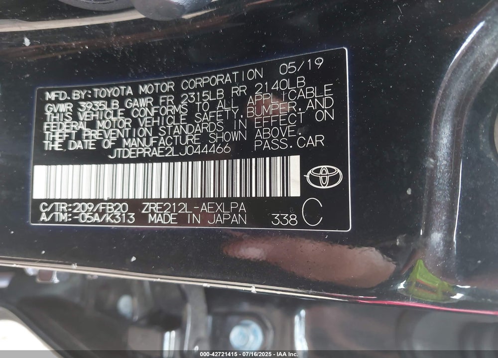 2020 TOYOTA COROLLA VIN: JTDEPRAE2LJ044466
