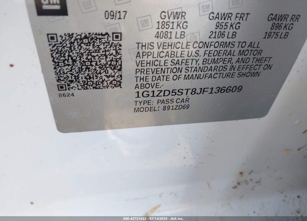 2018 CHEVROLET MALIBU VIN: 1G1ZD5ST8JF136609