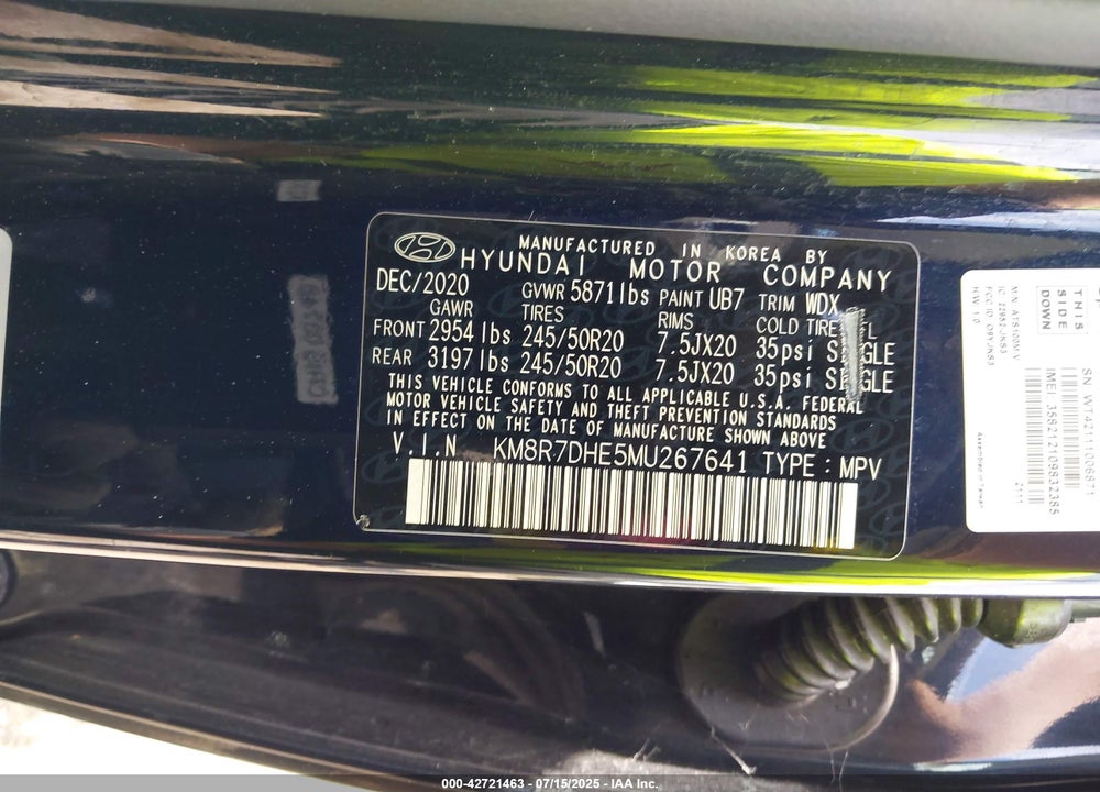 2021 HYUNDAI PALISADE VIN: KM8R7DHE5MU267641