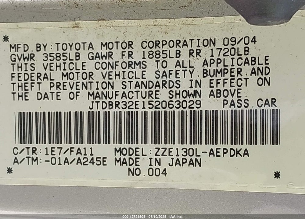 2005 TOYOTA COROLLA CE VIN: JTDBR32E152063029
