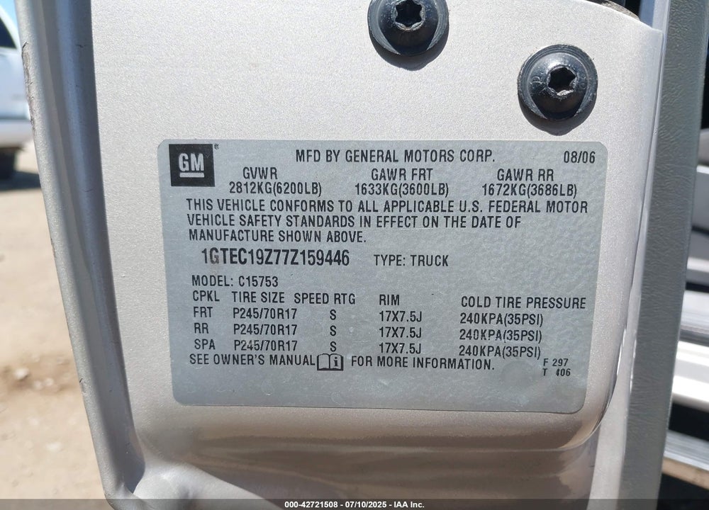 2007 GMC SIERRA 1500 CLASSIC SLE1 VIN: 1GTEC19Z77Z159446