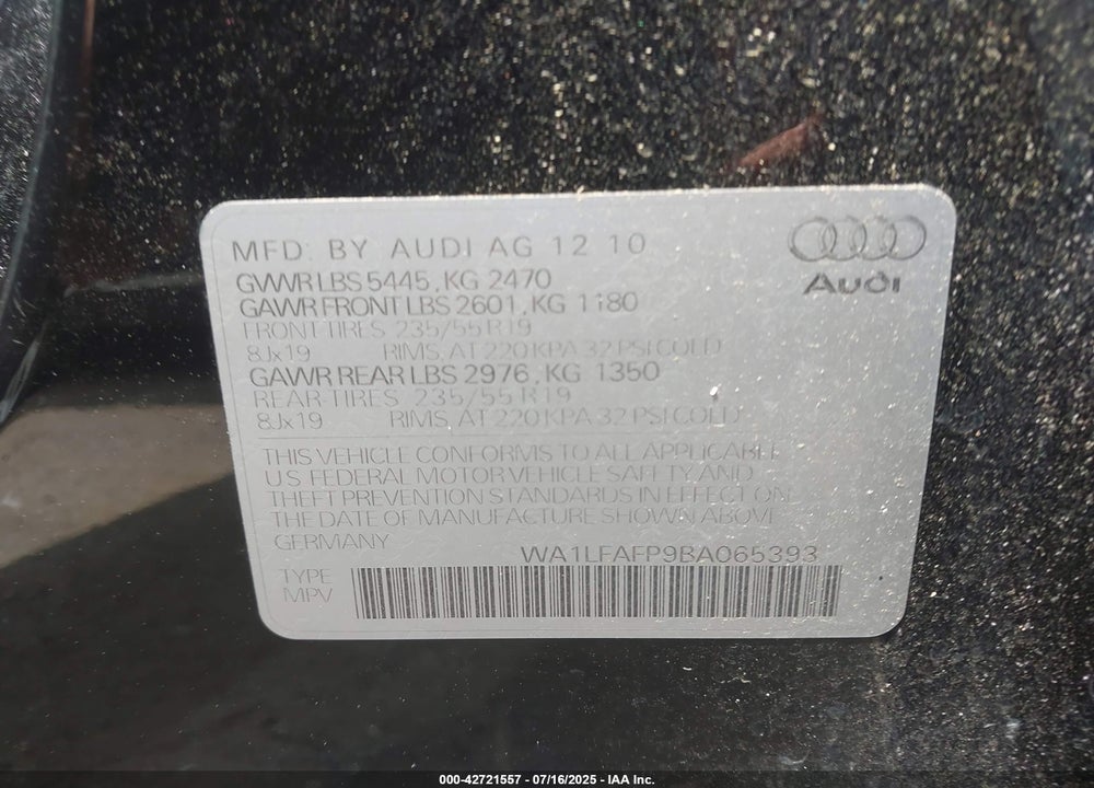 2011 AUDI Q5 2.0T PREMIUM VIN: WA1LFAFP9BA065393