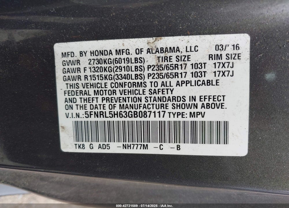 2016 HONDA ODYSSEY VIN: 5FNRL5H63GB087117