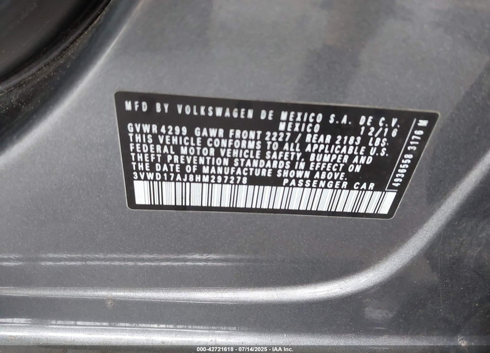 2017 VOLKSWAGEN JETTA VIN: 3VWD17AJ8HM297278