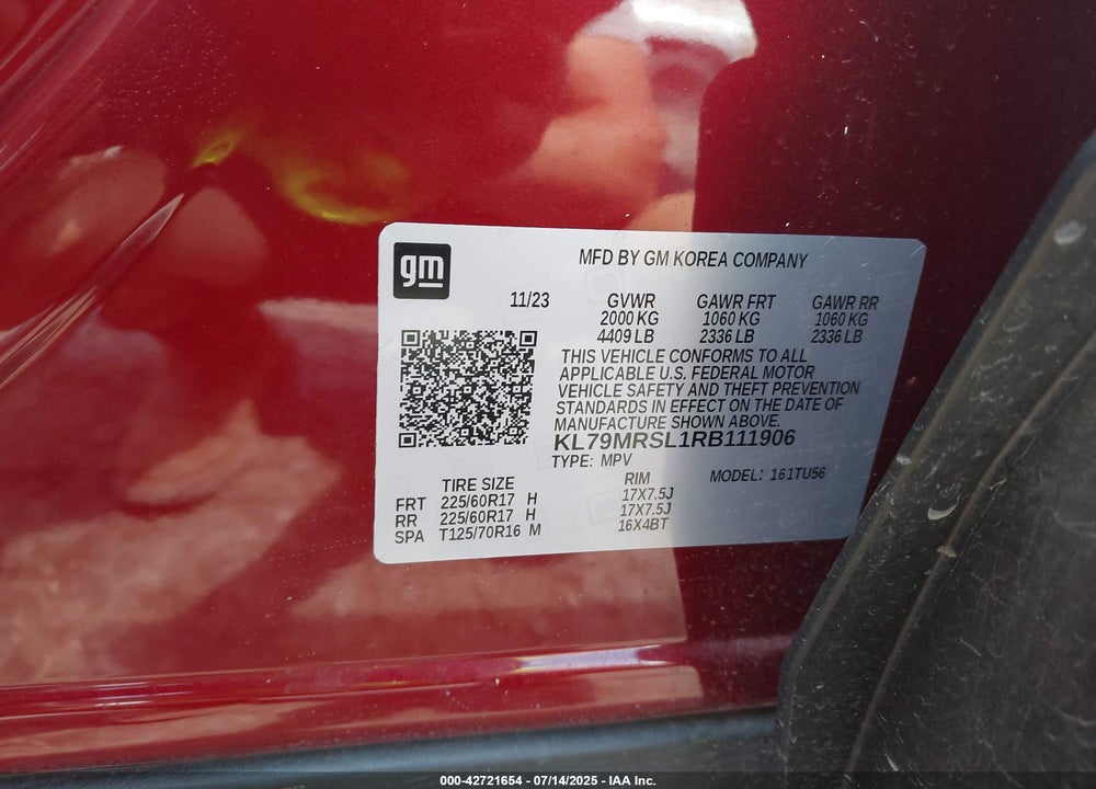 2024 CHEVROLET TRAILBLAZER VIN: KL79MRSL1RB111906