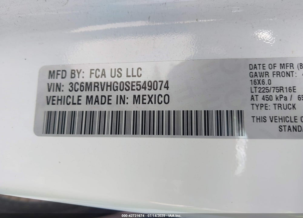 2025 RAM PROMASTER 3500 TRADESMAN HIGH ROOF 159 WB W/PASS SEAT VIN: 3C6MRVHG0SE549074