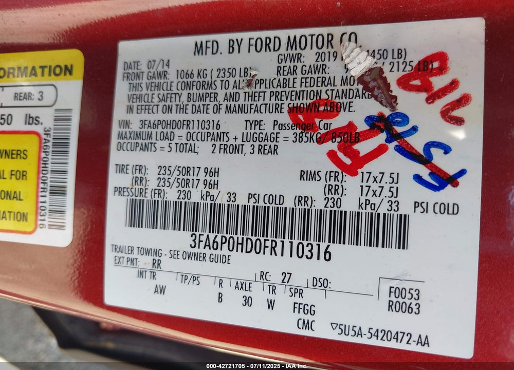 2015 FORD FUSION VIN: 3FA6P0HD0FR110316