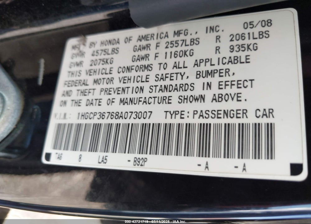 2008 HONDA ACCORD 3.5 EX VIN: 1HGCP36768A073007