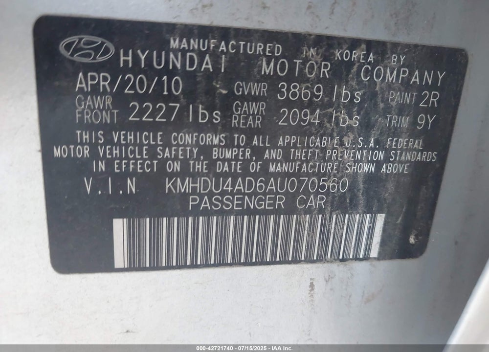 2010 HYUNDAI ELANTRA VIN: KMHDU4AD6AU070560