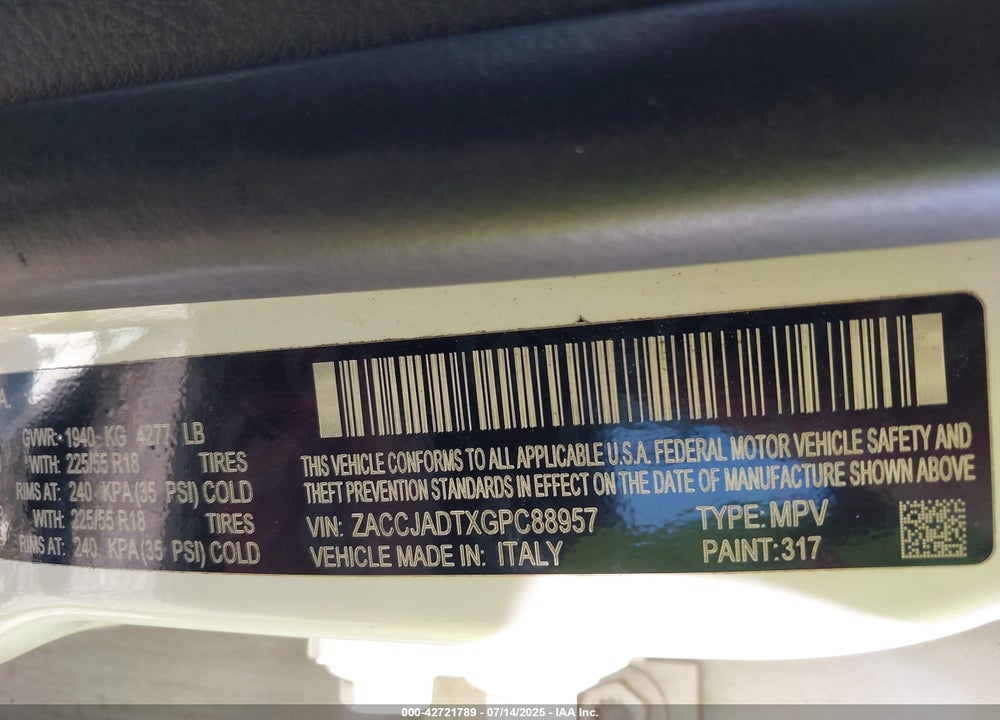 2016 JEEP RENEGADE LIMITED VIN: ZACCJADTXGPC88957