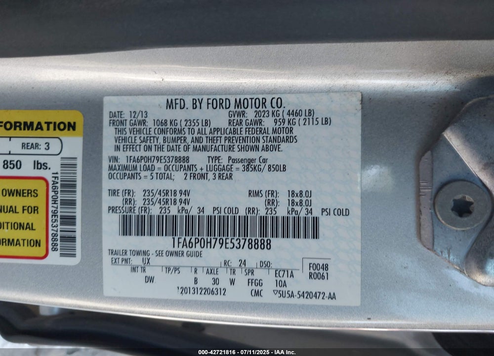 2014 FORD FUSION SE VIN: 1FA6P0H79E5378888