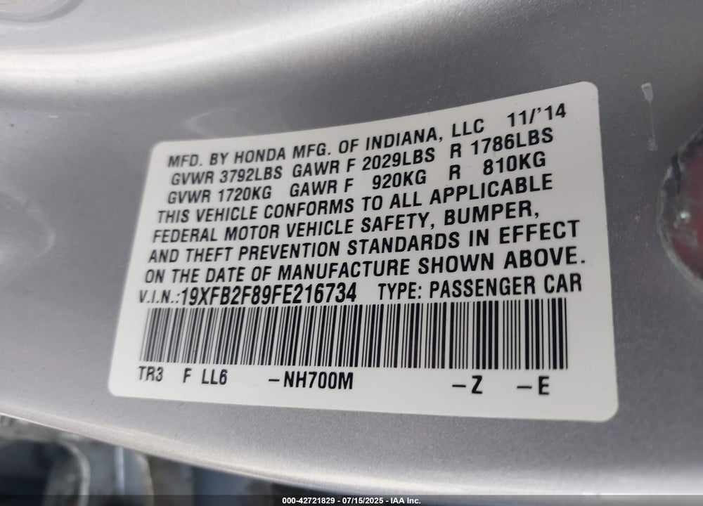 2015 HONDA CIVIC VIN: 19XFB2F89FE216734
