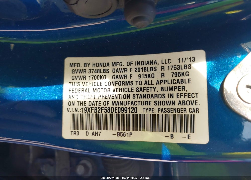 2013 HONDA CIVIC VIN: 19XFB2F58DE099120