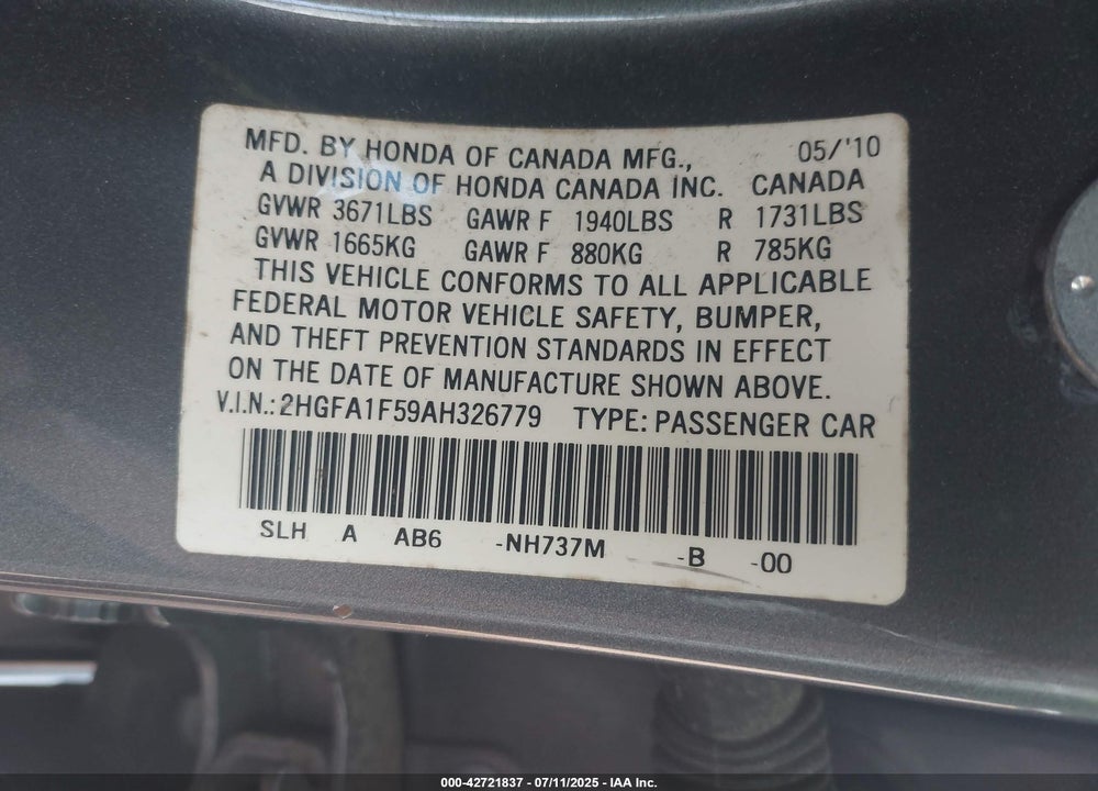 2010 HONDA CIVIC VIN: 2HGFA1F59AH326779