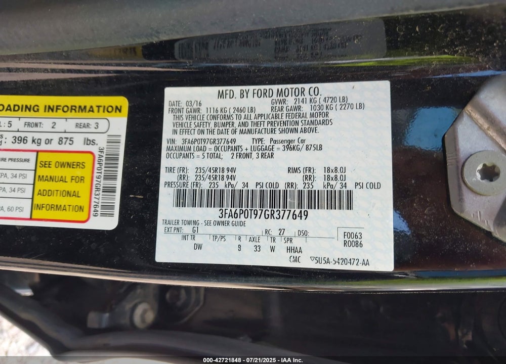2016 FORD FUSION VIN: 3FA6P0T97GR377649