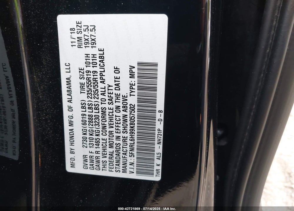 2019 HONDA ODYSSEY ELITE VIN: 5FNRL6H99KB057502