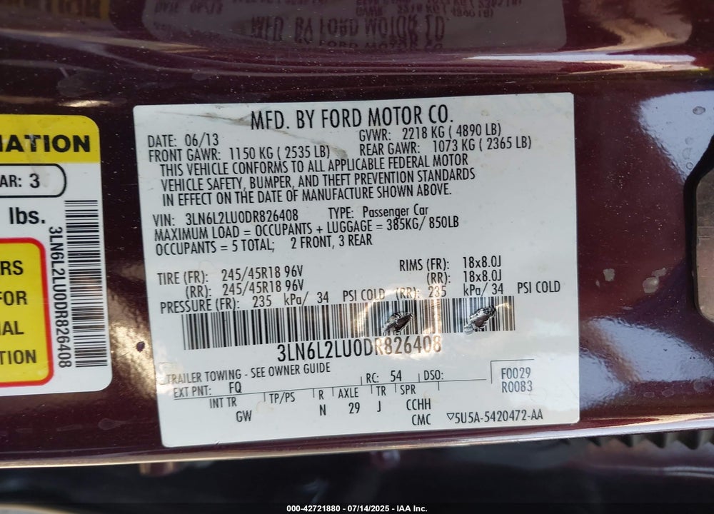 2013 LINCOLN MKZ VIN: 3LN6L2LU0DR826408