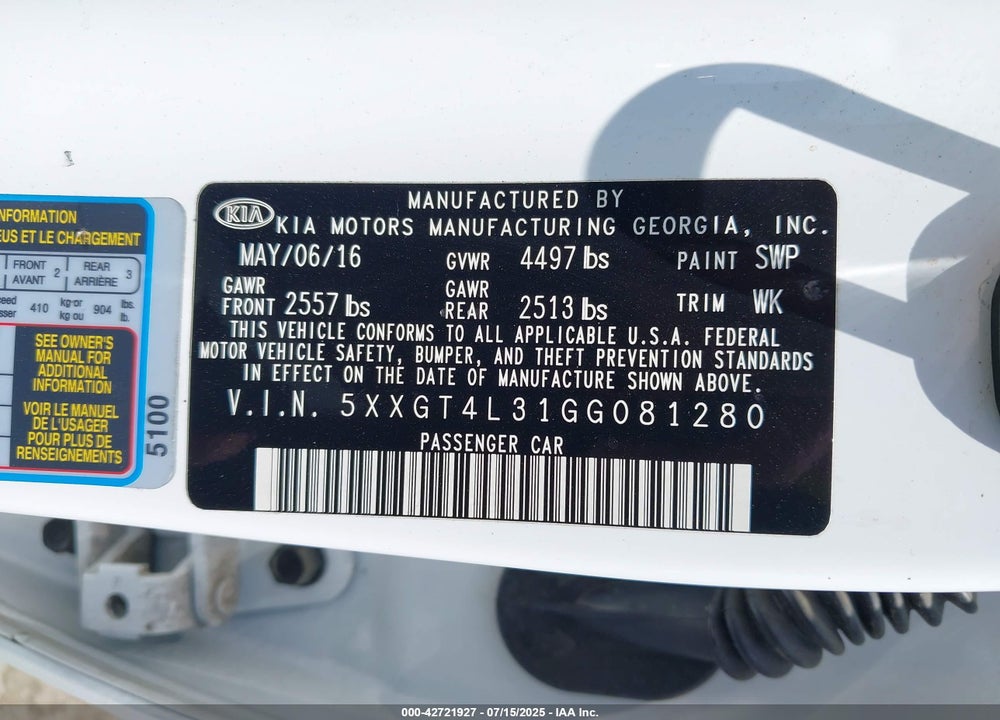 2016 KIA OPTIMA LX VIN: 5XXGT4L31GG081280