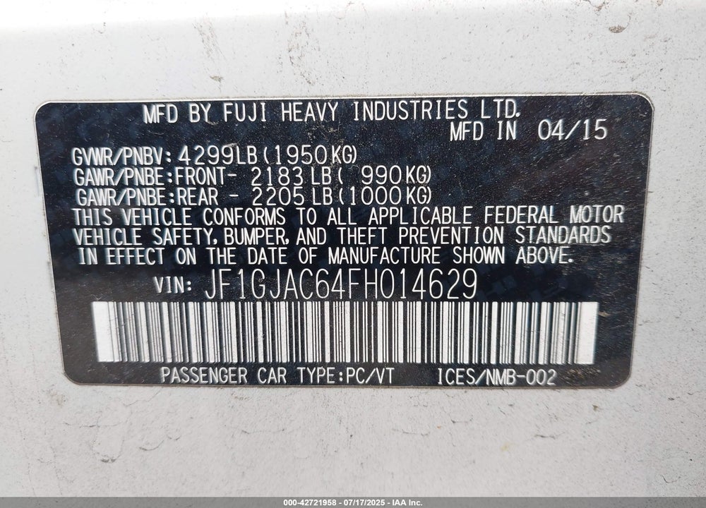 2015 SUBARU IMPREZA VIN: JF1GJAC64FH014629