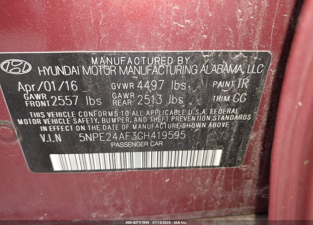 2016 HYUNDAI SONATA VIN: 5NPE24AF3GH419595