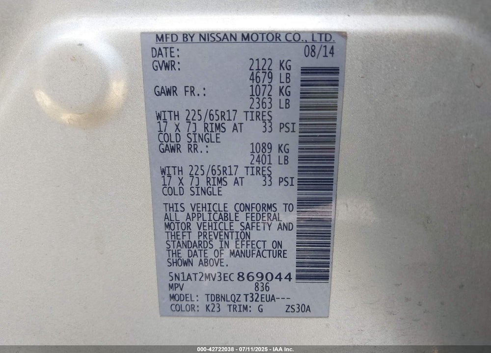 2014 NISSAN ROGUE VIN: 5N1AT2MV3EC869044
