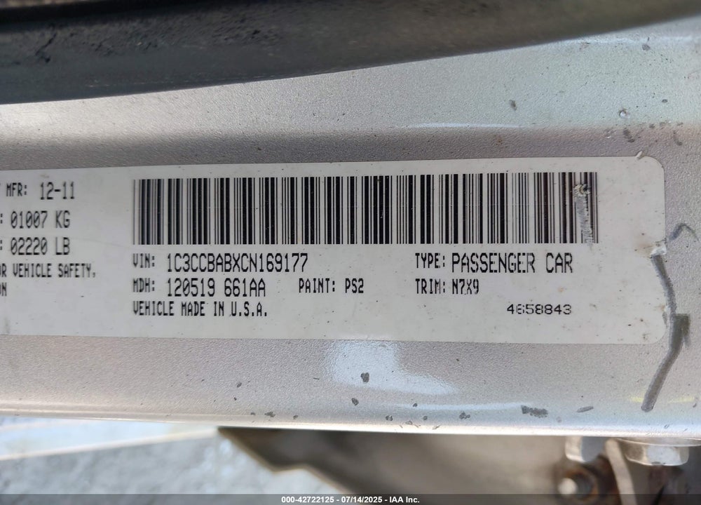 2012 CHRYSLER 200 VIN: 1C3CCBABXCN169177