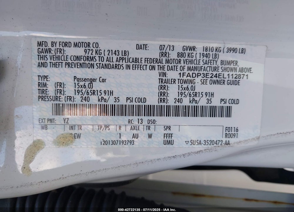 2014 FORD FOCUS VIN: 1FADP3E24EL112871