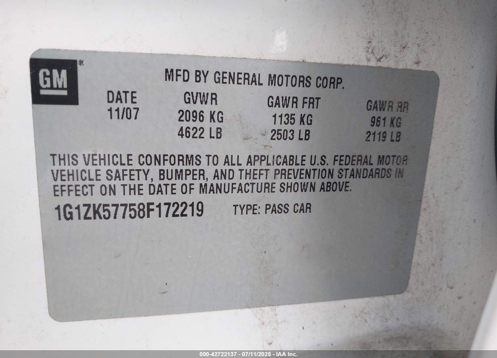 2008 CHEVROLET MALIBU VIN: 1G1ZK57758F172219