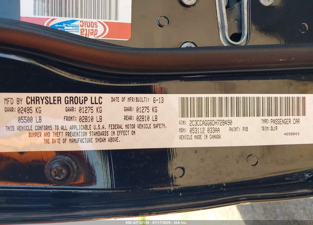 2013 CHRYSLER 300 VIN: 2C3CCAGG6DH728490