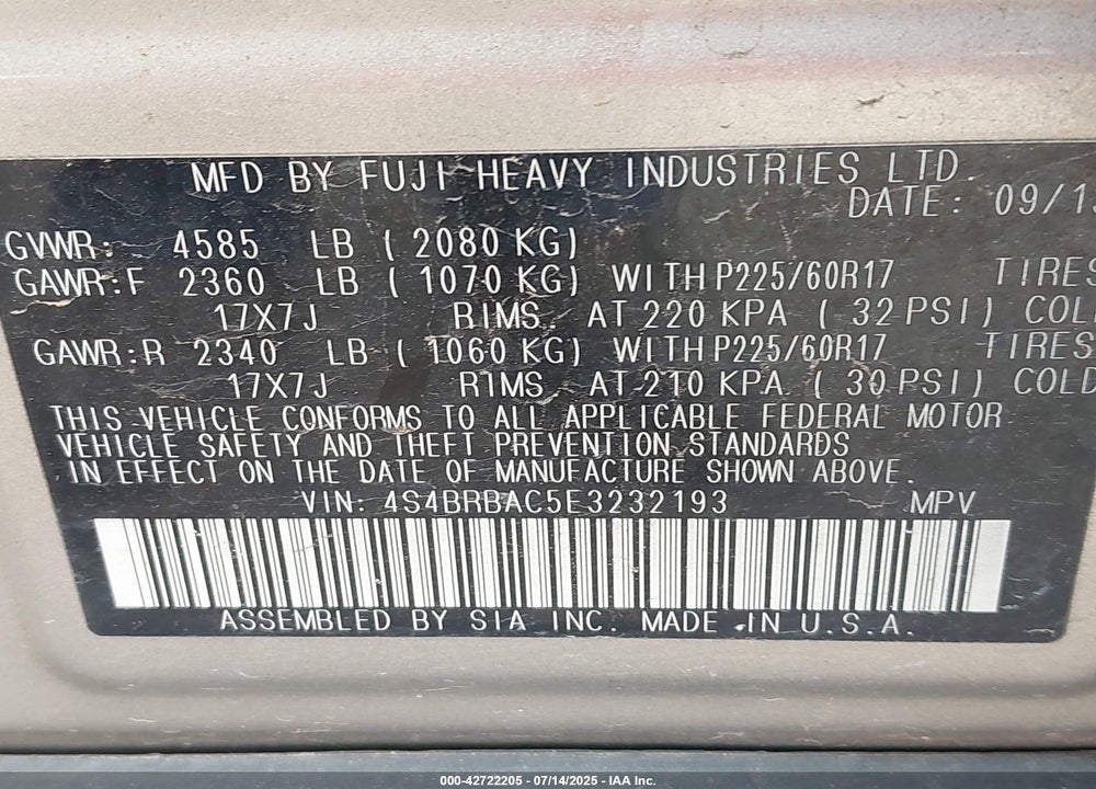 2014 SUBARU OUTBACK VIN: 4S4BRBAC5E3232193