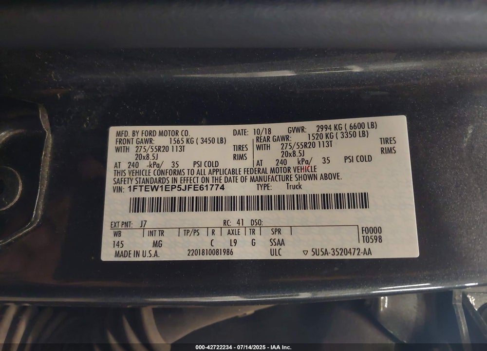 2018 FORD F-150 VIN: 1FTEW1EP5JFE61774